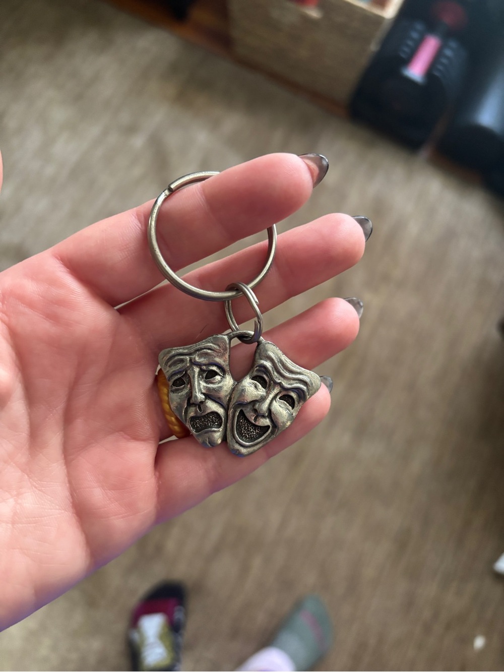 Theater Comedy & Tragedy Mask Keychain in Aged Silver